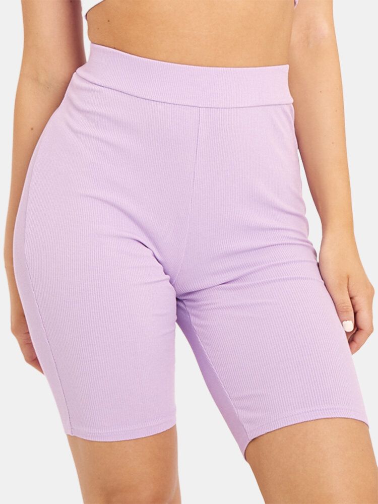 Pantalones Cortos Deportivos Elásticos De Cintura Alta De Color Sólido Para Mujer