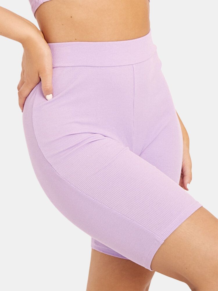 Pantalones Cortos Deportivos Elásticos De Cintura Alta De Color Sólido Para Mujer