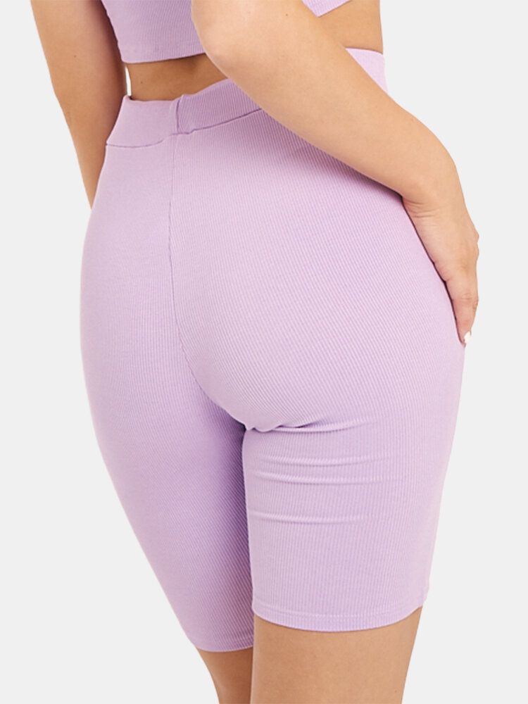 Pantalones Cortos Deportivos Elásticos De Cintura Alta De Color Sólido Para Mujer