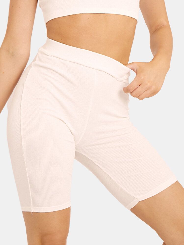 Pantalones Cortos Deportivos Elásticos De Cintura Alta De Color Sólido Para Mujer