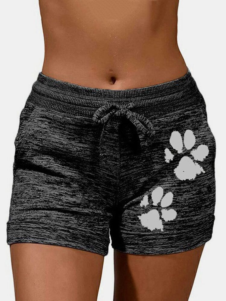 Pantalones Cortos Deportivos Transpirables Con Cordón Y Estampado De Pata De Gato Para Mujer De Talla Grande Con Bolsillo