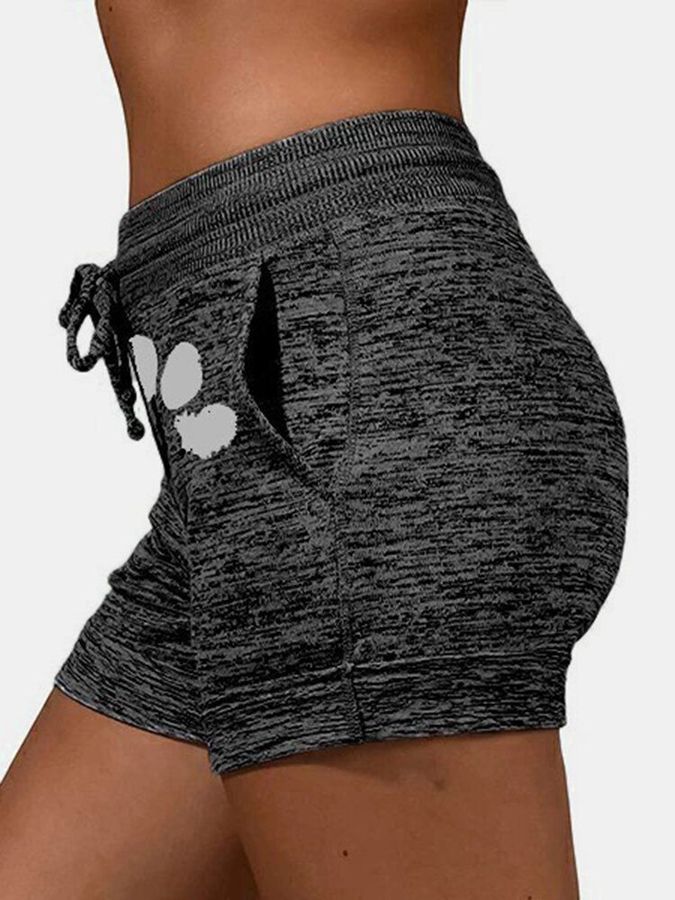 Pantalones Cortos Deportivos Transpirables Con Cordón Y Estampado De Pata De Gato Para Mujer De Talla Grande Con Bolsillo