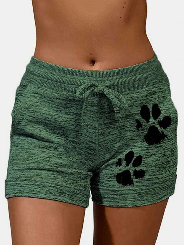 Pantalones Cortos Deportivos Transpirables Con Cordón Y Estampado De Pata De Gato Para Mujer De Talla Grande Con Bolsillo