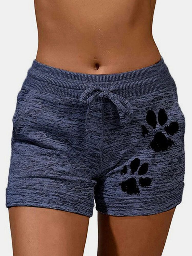 Pantalones Cortos Deportivos Transpirables Con Cordón Y Estampado De Pata De Gato Para Mujer De Talla Grande Con Bolsillo