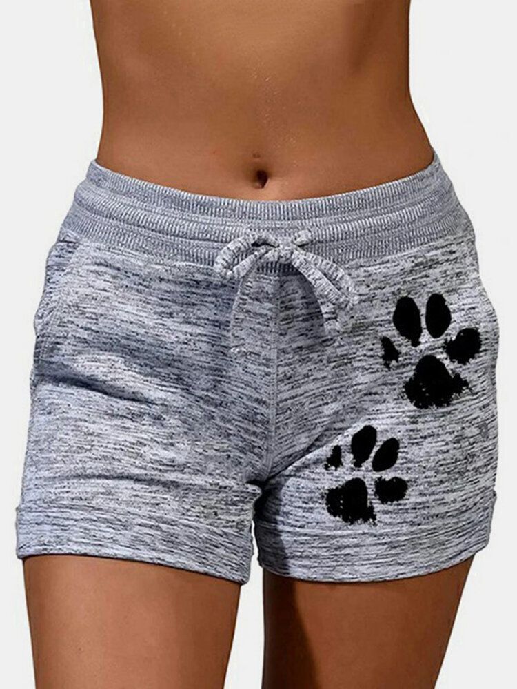 Pantalones Cortos Deportivos Transpirables Con Cordón Y Estampado De Pata De Gato Para Mujer De Talla Grande Con Bolsillo