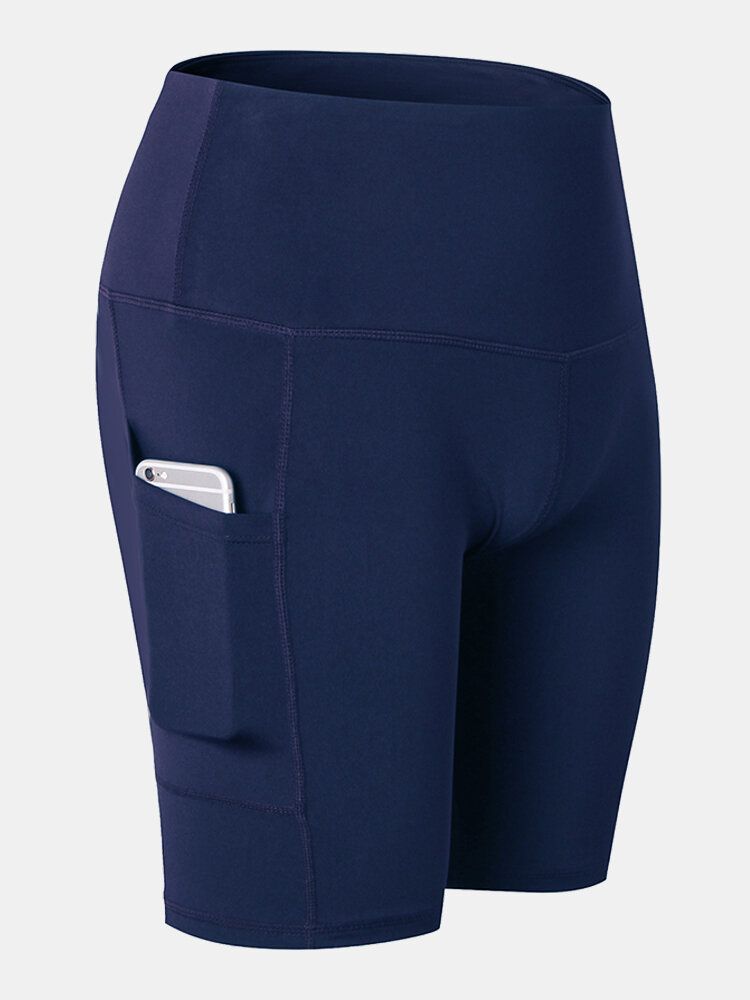 Pantalones Cortos Deportivos De Yoga De Secado Rápido De Color Sólido Para Mujer Con Bolsillo Lateral