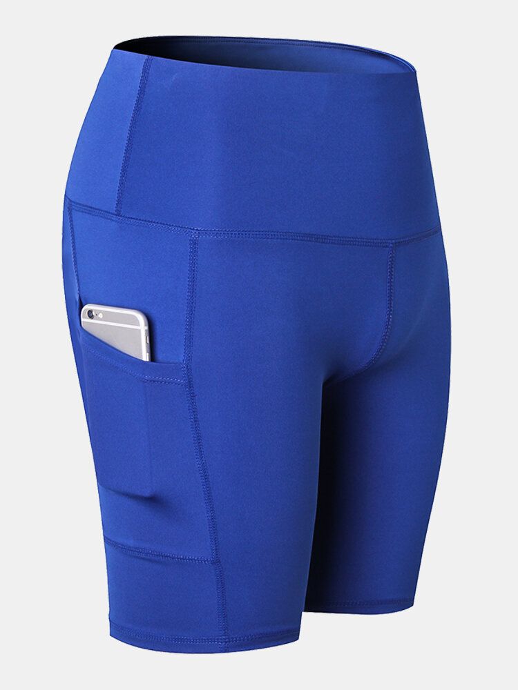 Pantalones Cortos Deportivos De Yoga De Secado Rápido De Color Sólido Para Mujer Con Bolsillo Lateral