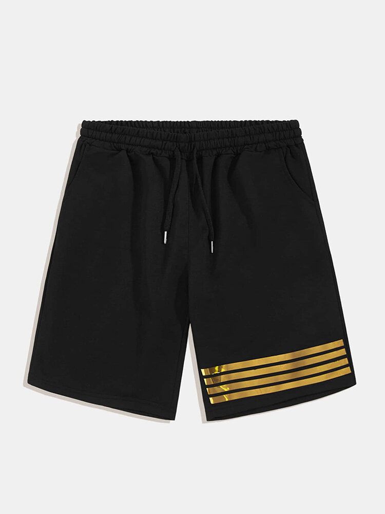 Pantalones Cortos De Entrenamiento De Fitness Negros Con Cordón De Rayas Doradas Para Hombre De Algodón Con Bolsillo