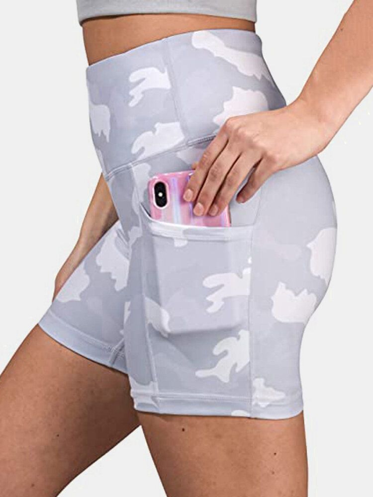 Pantalones Cortos De Motociclista De Entrenamiento De Fitness De Camuflaje Para Mujer Con Bolsillo