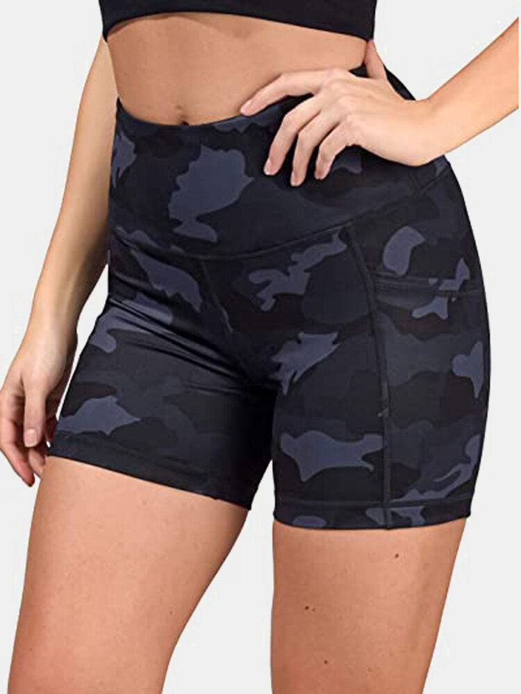 Pantalones Cortos De Motociclista De Entrenamiento De Fitness De Camuflaje Para Mujer Con Bolsillo