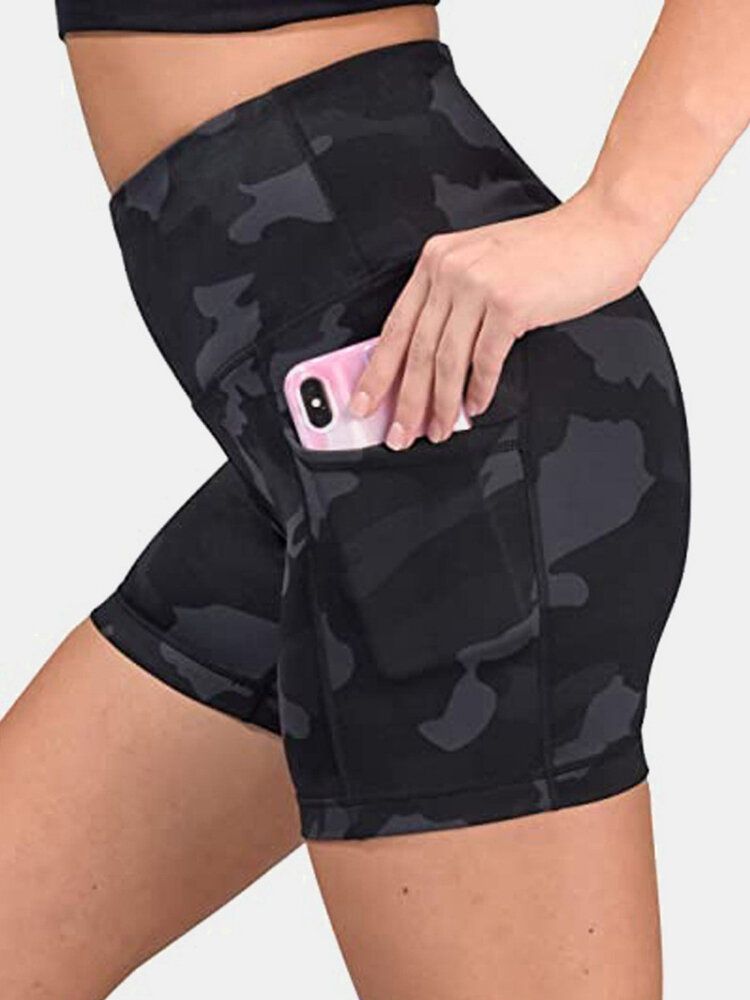 Pantalones Cortos De Motociclista De Entrenamiento De Fitness De Camuflaje Para Mujer Con Bolsillo