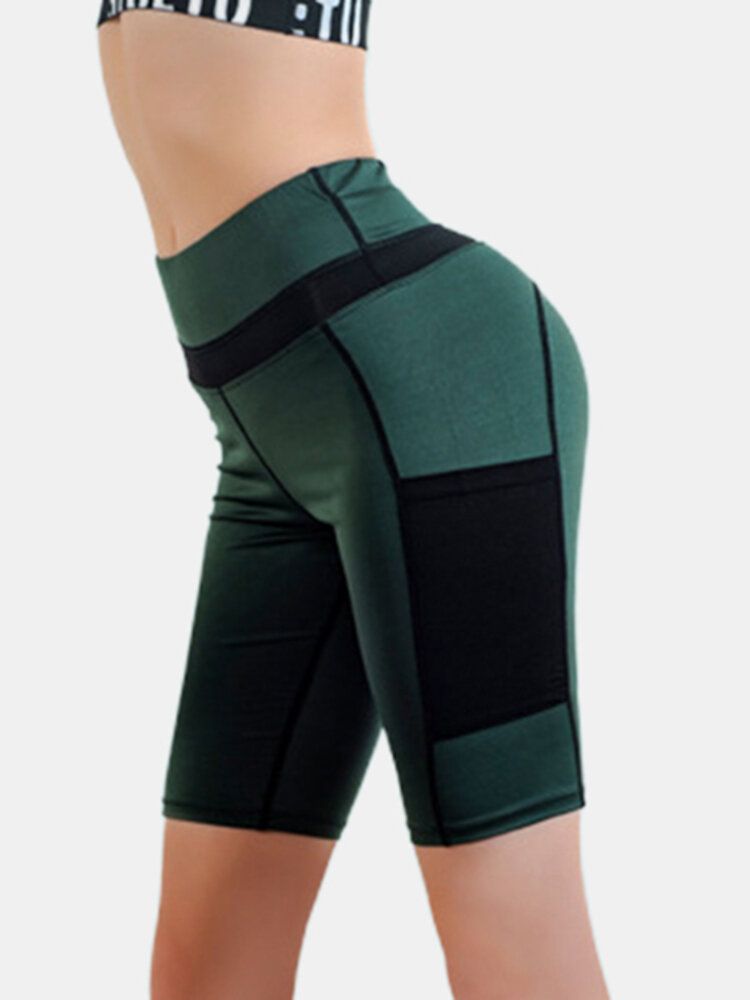 Pantalones Cortos De Motociclista De Entrenamiento De Fitness Con Bolsillo De Colores Contrastantes Para Mujer