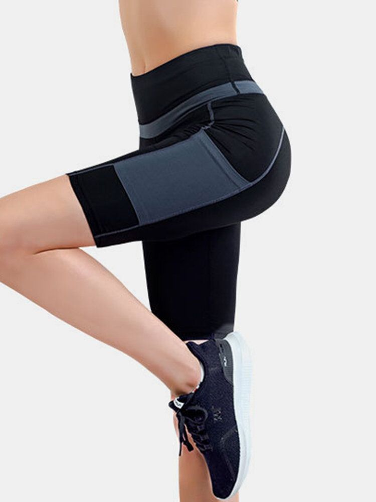 Pantalones Cortos De Motociclista De Entrenamiento De Fitness Con Bolsillo De Colores Contrastantes Para Mujer