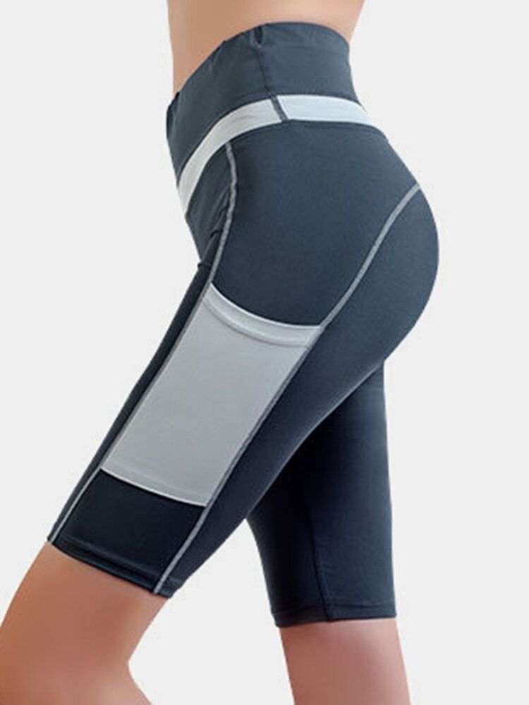 Pantalones Cortos De Motociclista De Entrenamiento De Fitness Con Bolsillo De Colores Contrastantes Para Mujer