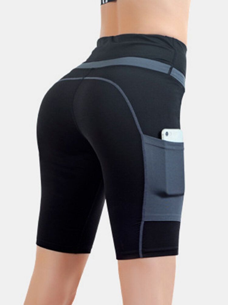 Pantalones Cortos De Motociclista De Entrenamiento De Fitness Con Bolsillo De Colores Contrastantes Para Mujer