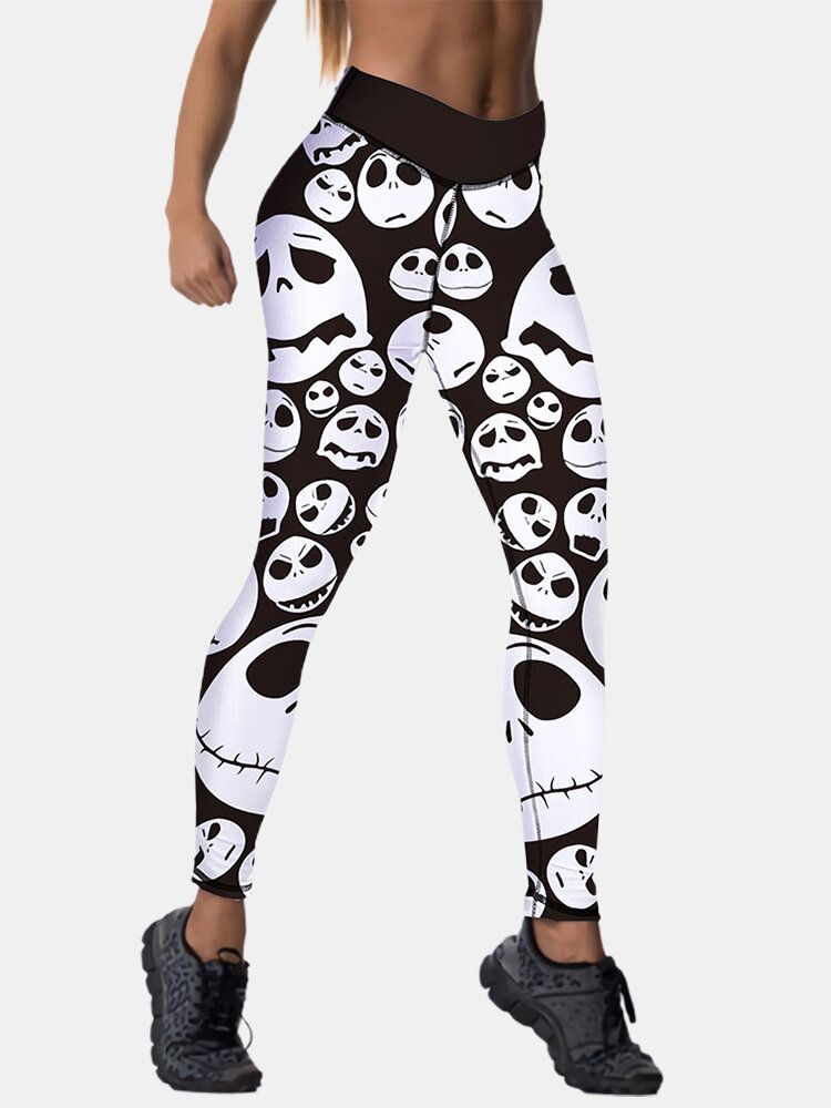 Pantalones Delgados De Cintura Alta Con Estampado De Esqueleto De Estilo De Halloween Para Mujer