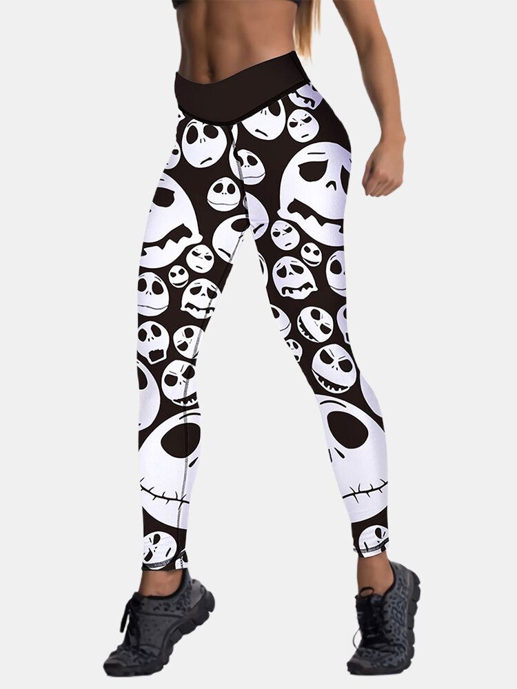 Pantalones Delgados De Cintura Alta Con Estampado De Esqueleto De Estilo De Halloween Para Mujer