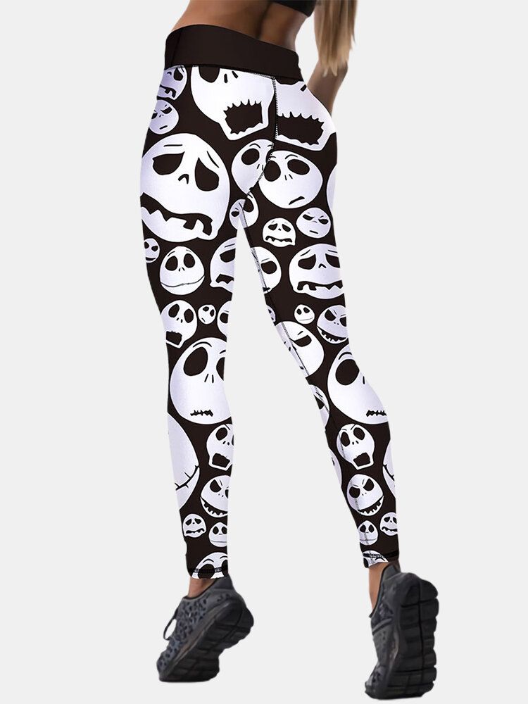 Pantalones Delgados De Cintura Alta Con Estampado De Esqueleto De Estilo De Halloween Para Mujer