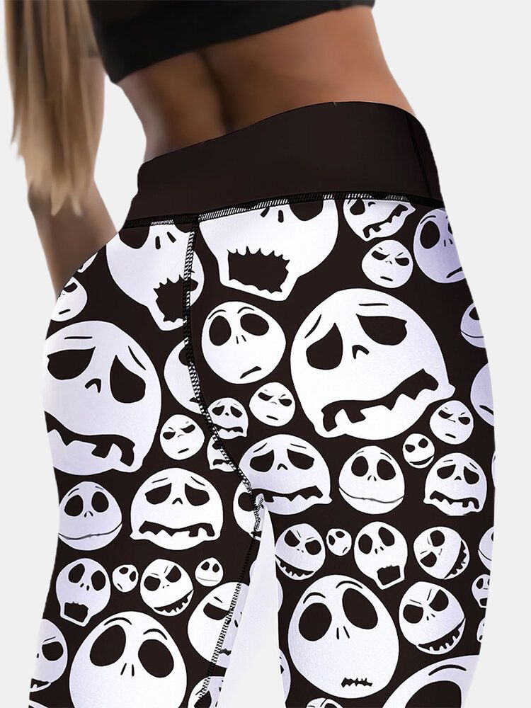 Pantalones Delgados De Cintura Alta Con Estampado De Esqueleto De Estilo De Halloween Para Mujer