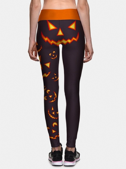 Pantalones Deportivos Ajustados De Cintura Alta Con Estampado De Calabaza Lateral De Halloween Para Mujer