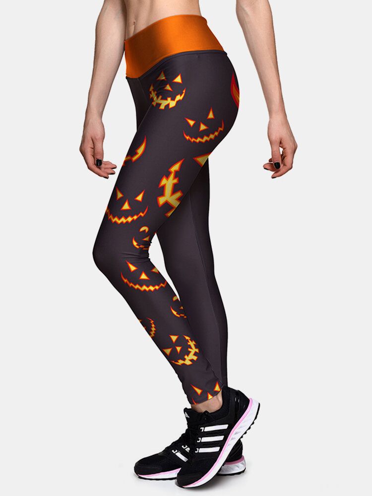 Pantalones Deportivos Ajustados De Cintura Alta Con Estampado De Calabaza Lateral De Halloween Para Mujer