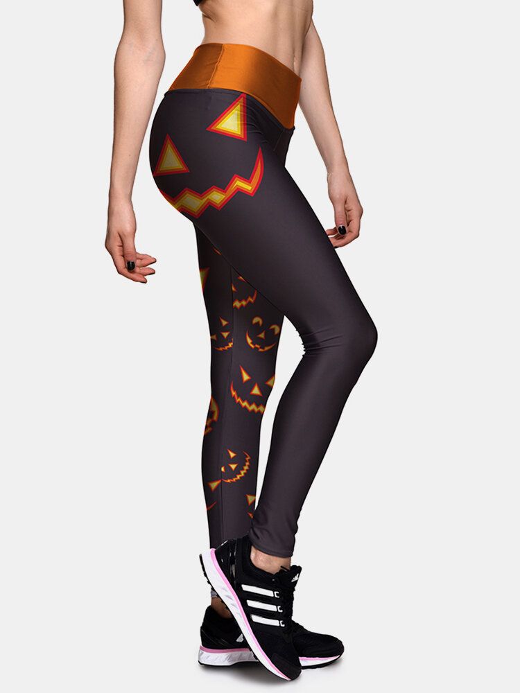 Pantalones Deportivos Ajustados De Cintura Alta Con Estampado De Calabaza Lateral De Halloween Para Mujer