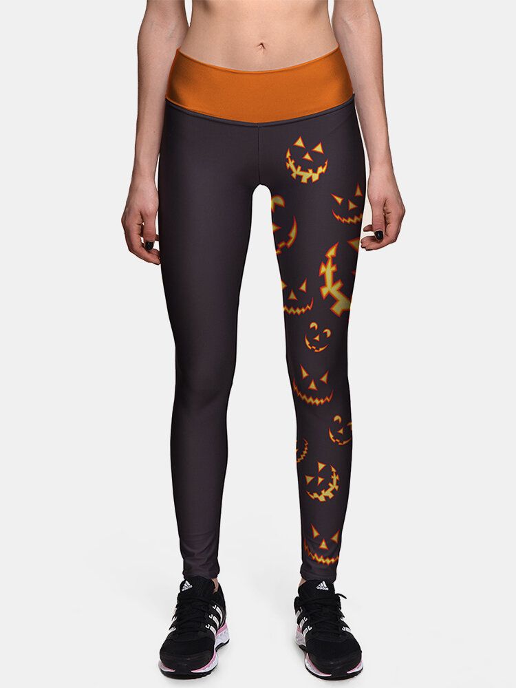 Pantalones Deportivos Ajustados De Cintura Alta Con Estampado De Calabaza Lateral De Halloween Para Mujer