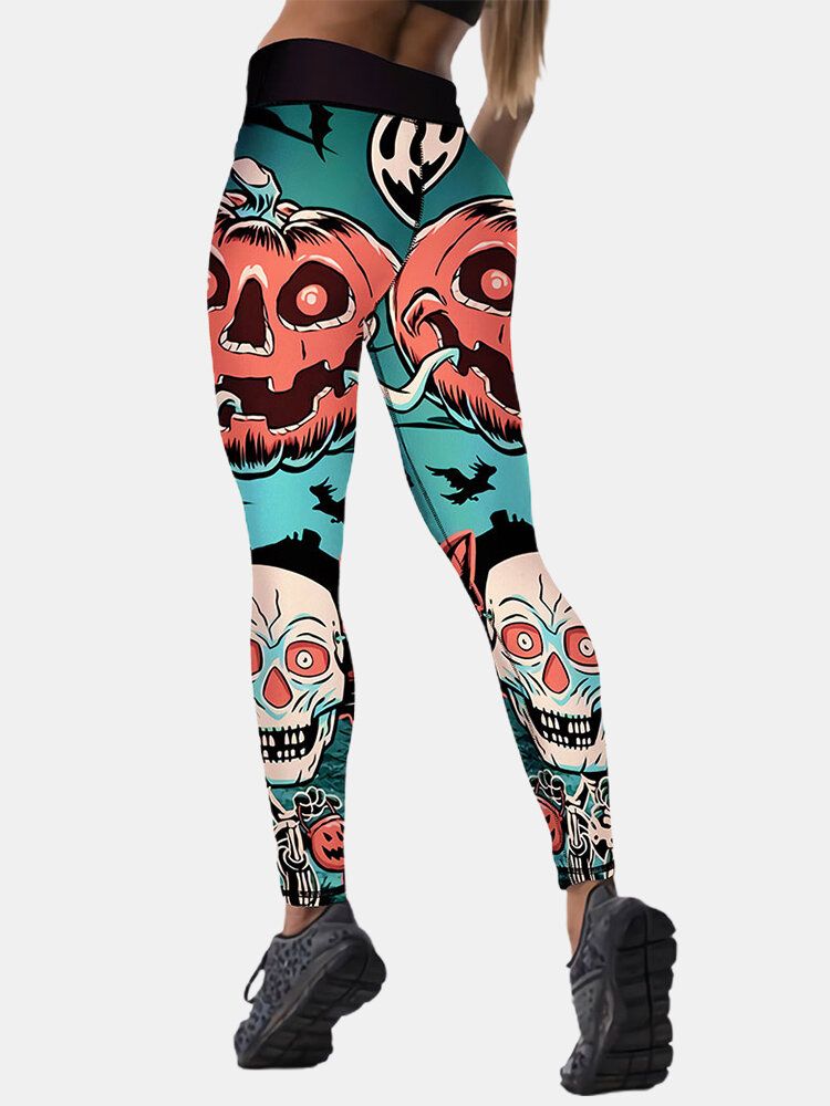 Pantalones Deportivos De Cintura Alta Ajustados Con Estampado De Esqueleto De Calabaza Para Mujer De Halloween