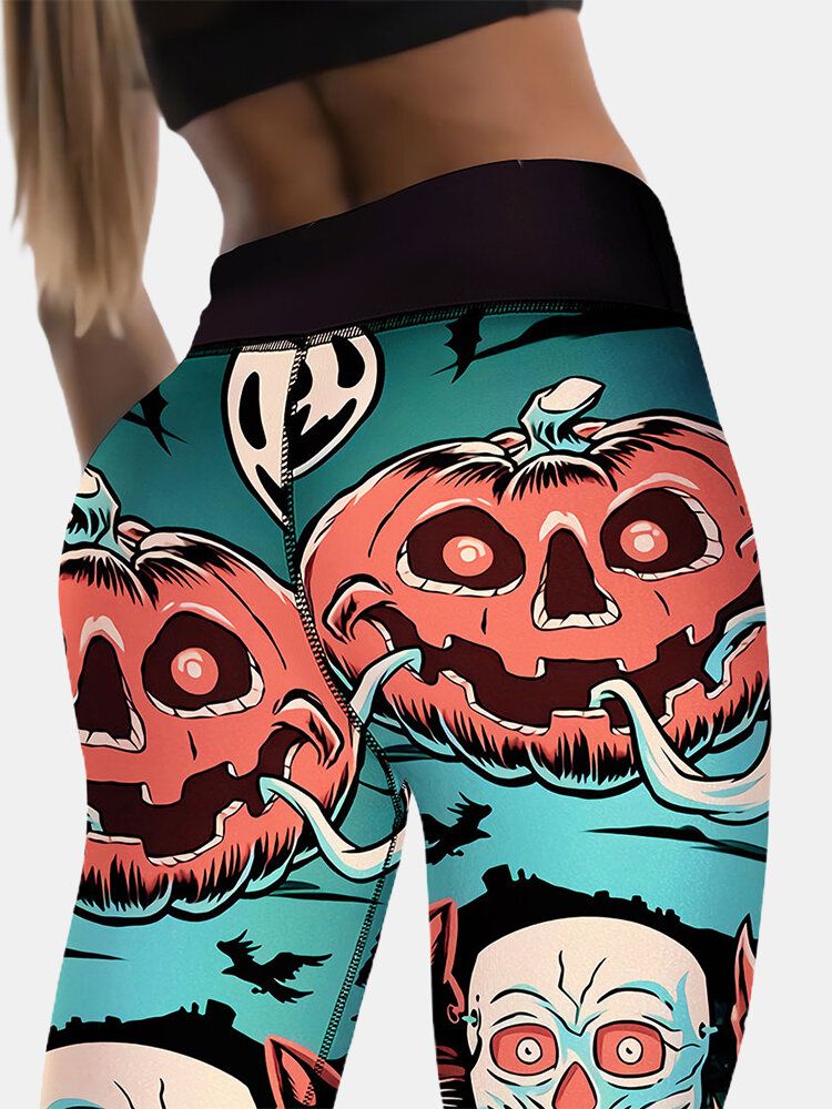 Pantalones Deportivos De Cintura Alta Ajustados Con Estampado De Esqueleto De Calabaza Para Mujer De Halloween