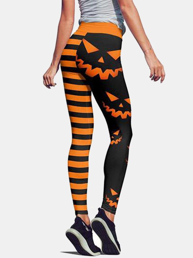 Pantalones Deportivos De Levantamiento De Cadera De Cintura Alta Con Estampado De Calabaza Y Rayas De Halloween Para Mujer