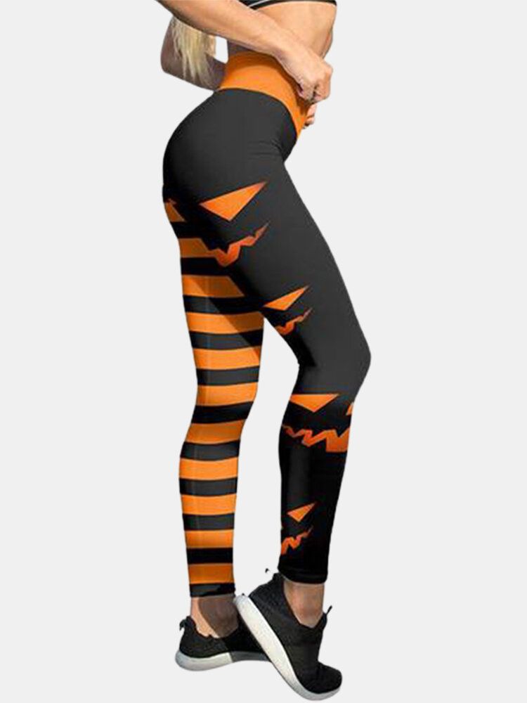 Pantalones Deportivos De Levantamiento De Cadera De Cintura Alta Con Estampado De Calabaza Y Rayas De Halloween Para Mujer