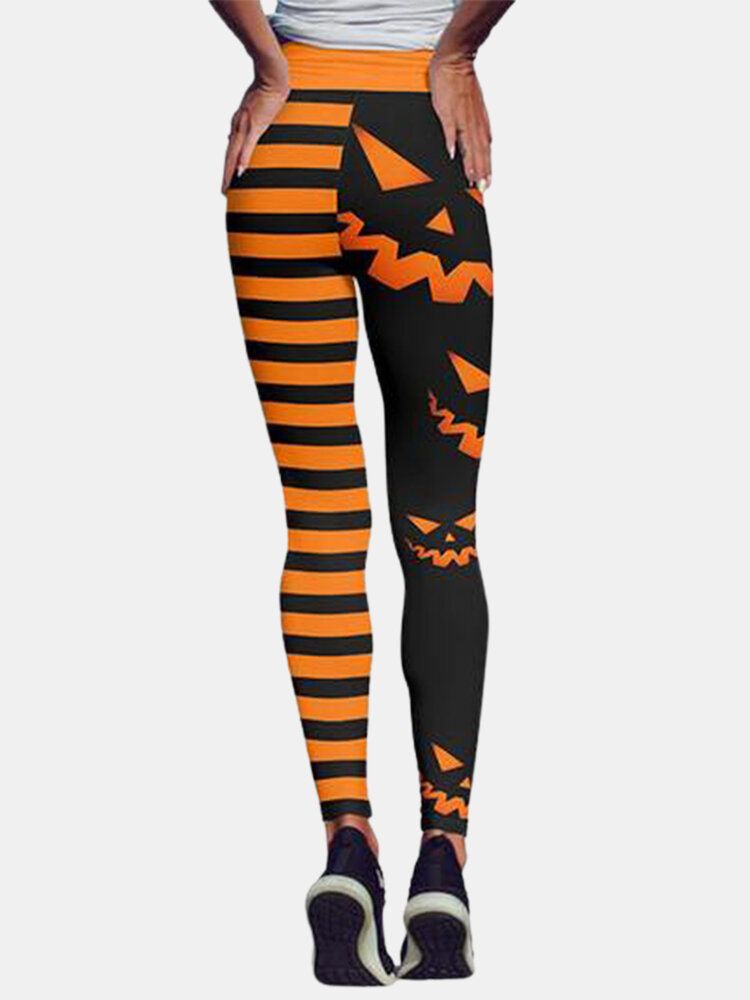 Pantalones Deportivos De Levantamiento De Cadera De Cintura Alta Con Estampado De Calabaza Y Rayas De Halloween Para Mujer