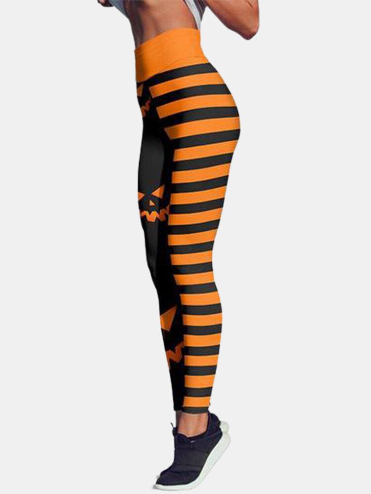 Pantalones Deportivos De Levantamiento De Cadera De Cintura Alta Con Estampado De Calabaza Y Rayas De Halloween Para Mujer