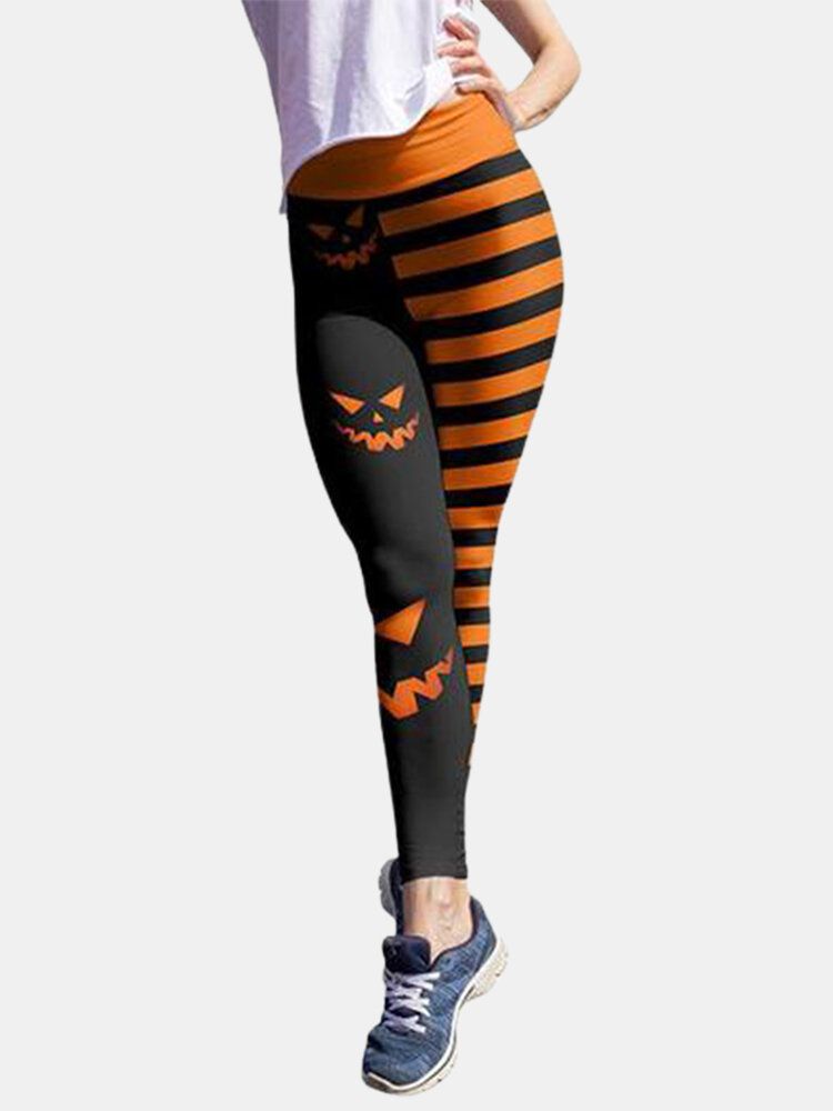 Pantalones Deportivos De Levantamiento De Cadera De Cintura Alta Con Estampado De Calabaza Y Rayas De Halloween Para Mujer