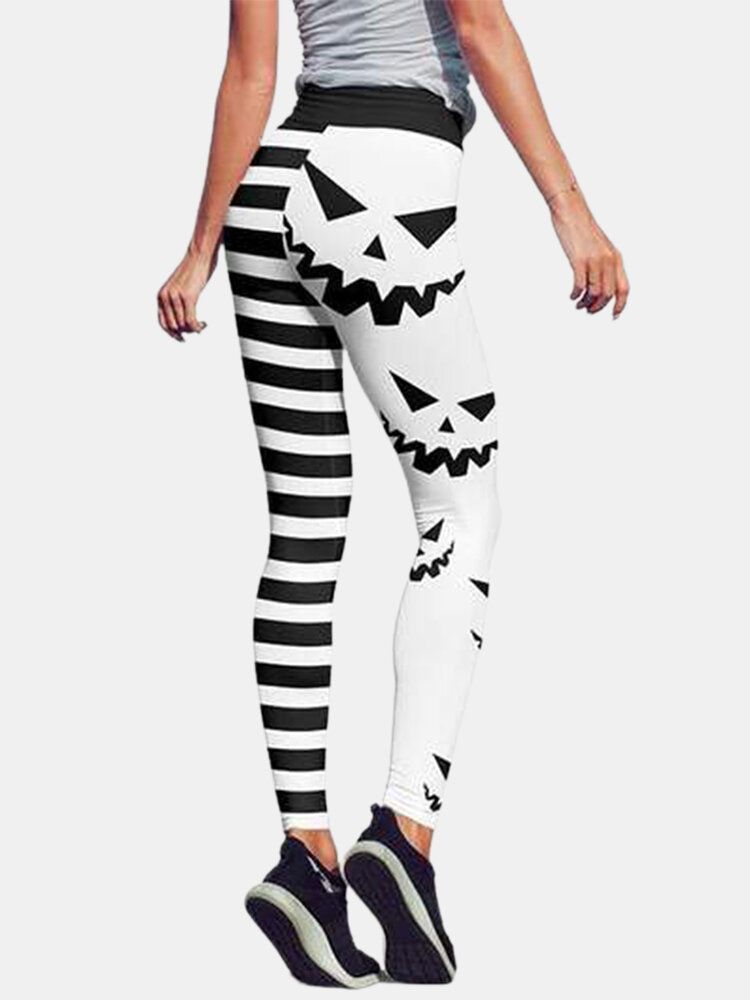 Pantalones Deportivos De Levantamiento De Cadera De Cintura Alta Con Estampado De Calabaza Y Rayas De Halloween Para Mujer