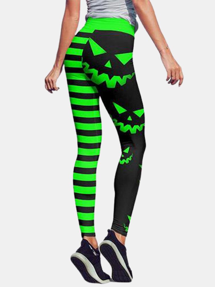 Pantalones Deportivos De Levantamiento De Cadera De Cintura Alta Con Estampado De Calabaza Y Rayas De Halloween Para Mujer