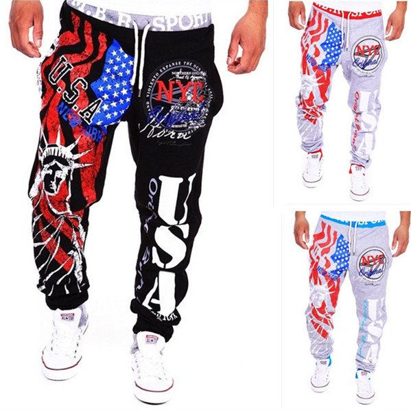 Pantalones Deportivos De Moda Con Cordones Para Hombre Pantalones Deportivos De Hip-hop Con Estampado De La Bandera Americana De La Estatua De La Libertad