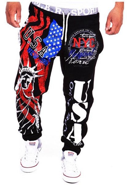 Pantalones Deportivos De Moda Con Cordones Para Hombre Pantalones Deportivos De Hip-hop Con Estampado De La Bandera Americana De La Estatua De La Libertad