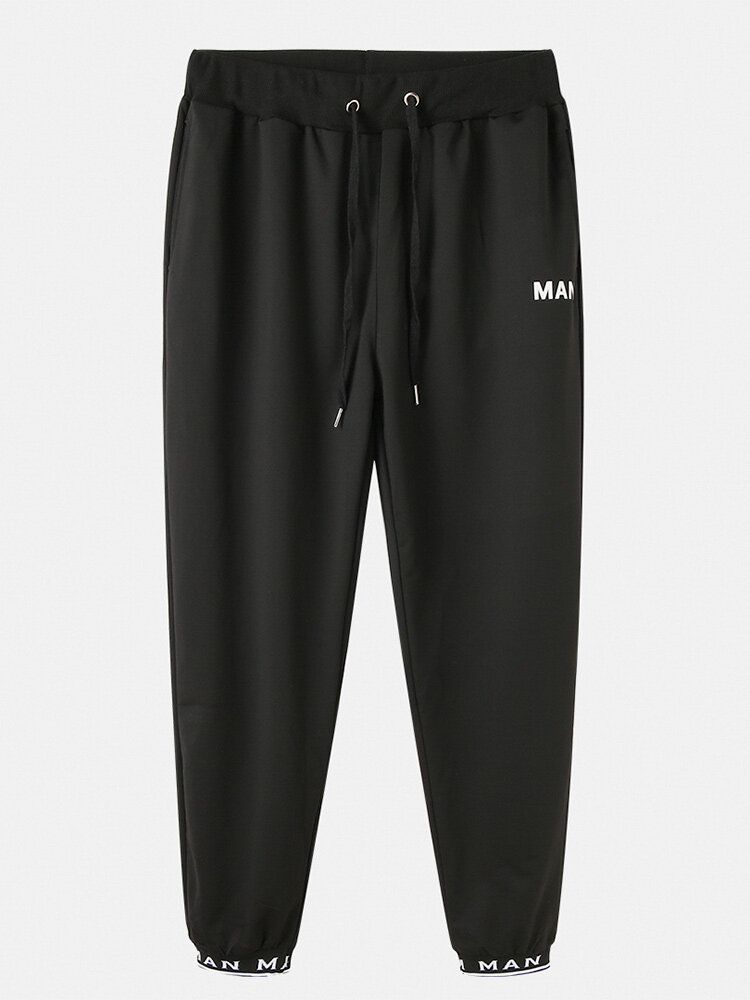 Pantalones De Jogging Negros Deportivos Con Cordón Negro Con Estampado De Letras De Algodón Para Hombre Con Bolsillo