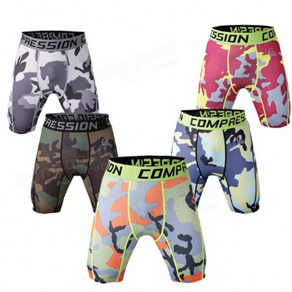 Pro Men Secado Rápido Stretch Thin Dacron Camouflage Sports Gym Running Skinny Shorts