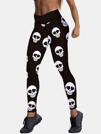 Sport Mujer Halloween Skeleton Print Pantalones Deportivos De Levantamiento De Cadera De Cintura Alta