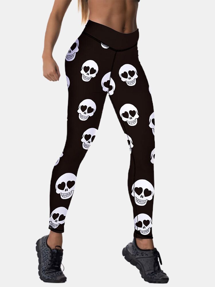 Sport Mujer Halloween Skeleton Print Pantalones Deportivos De Levantamiento De Cadera De Cintura Alta