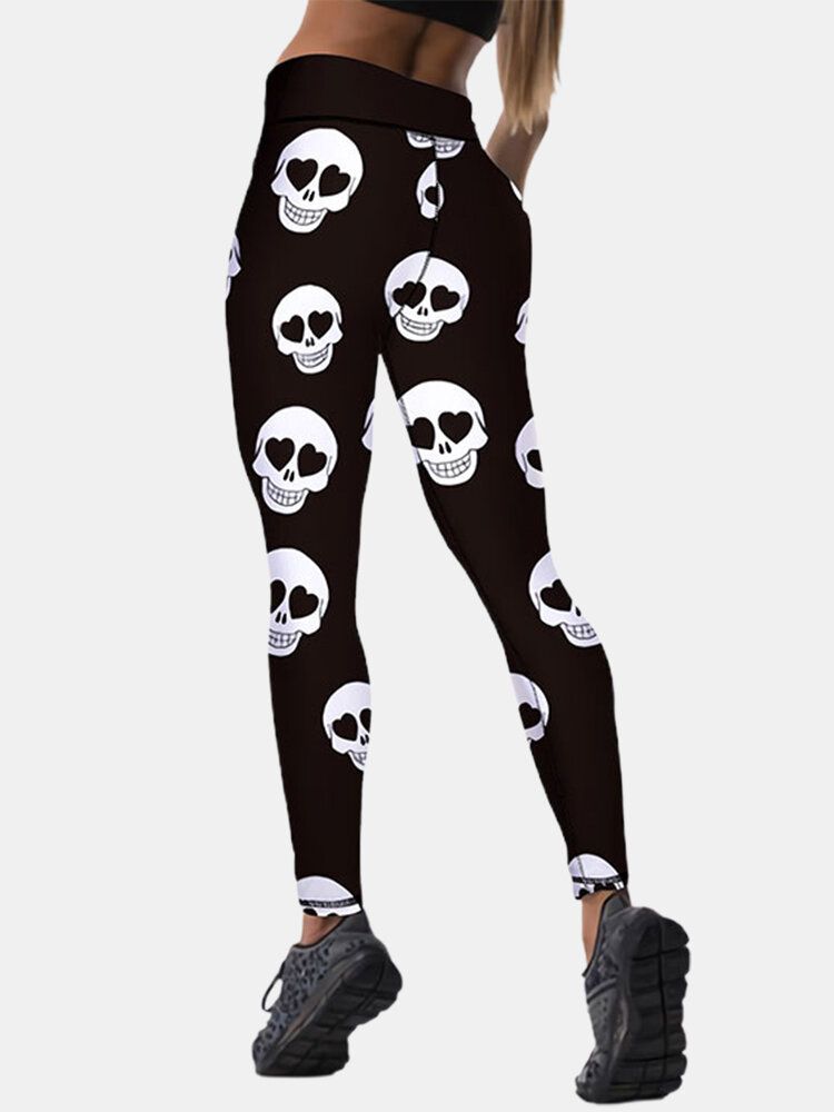 Sport Mujer Halloween Skeleton Print Pantalones Deportivos De Levantamiento De Cadera De Cintura Alta