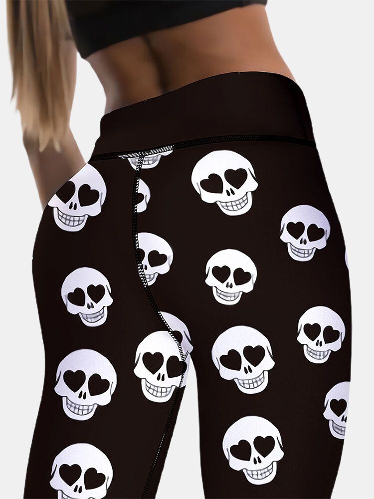 Sport Mujer Halloween Skeleton Print Pantalones Deportivos De Levantamiento De Cadera De Cintura Alta