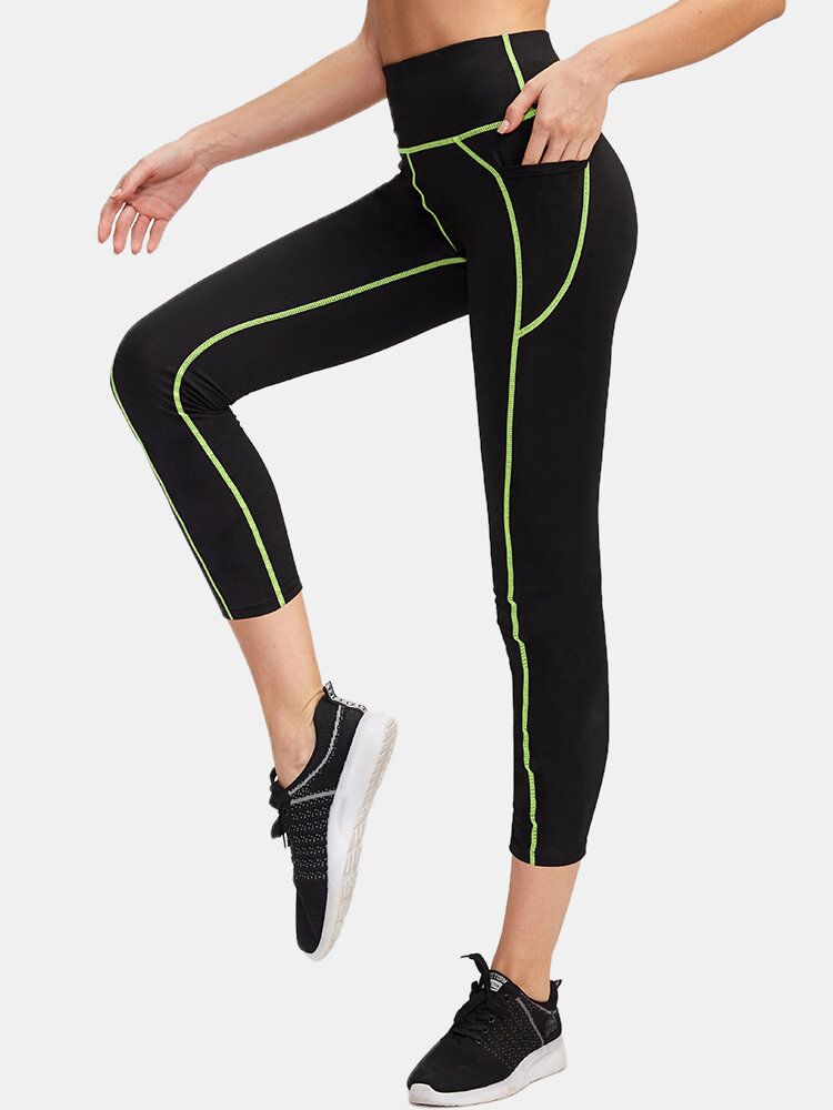 Sport Mujer Moisture Wicking Pantalones Negros De Cintura Alta Delgados Con Bolsillo