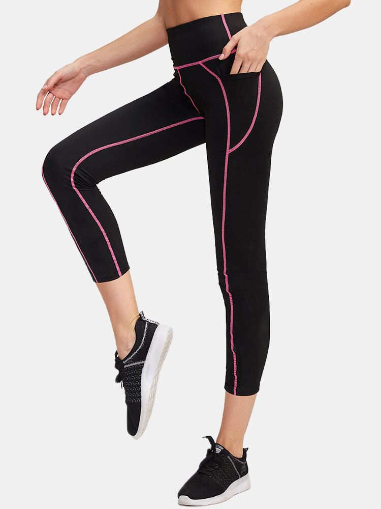 Sport Mujer Moisture Wicking Pantalones Negros De Cintura Alta Delgados Con Bolsillo