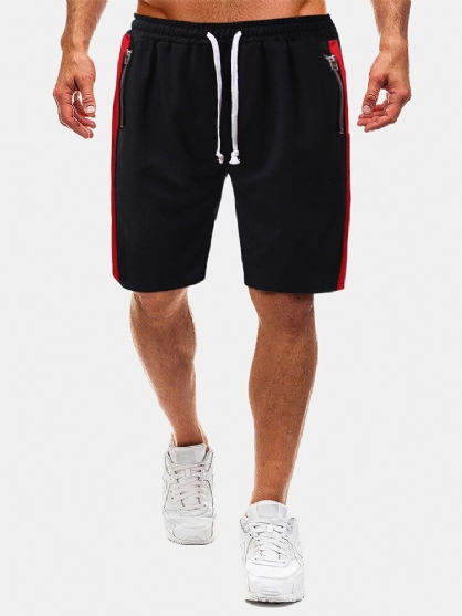 Sport Pantalones Cortos Deportivos De Algodón Negro Con Bolsillo Con Cremallera Y Raya Lateral Para Hombre