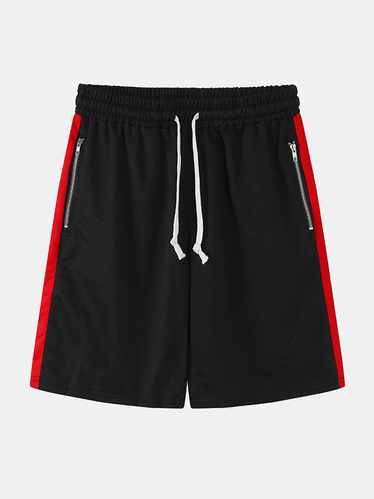 Sport Pantalones Cortos Deportivos De Algodón Negro Con Bolsillo Con Cremallera Y Raya Lateral Para Hombre