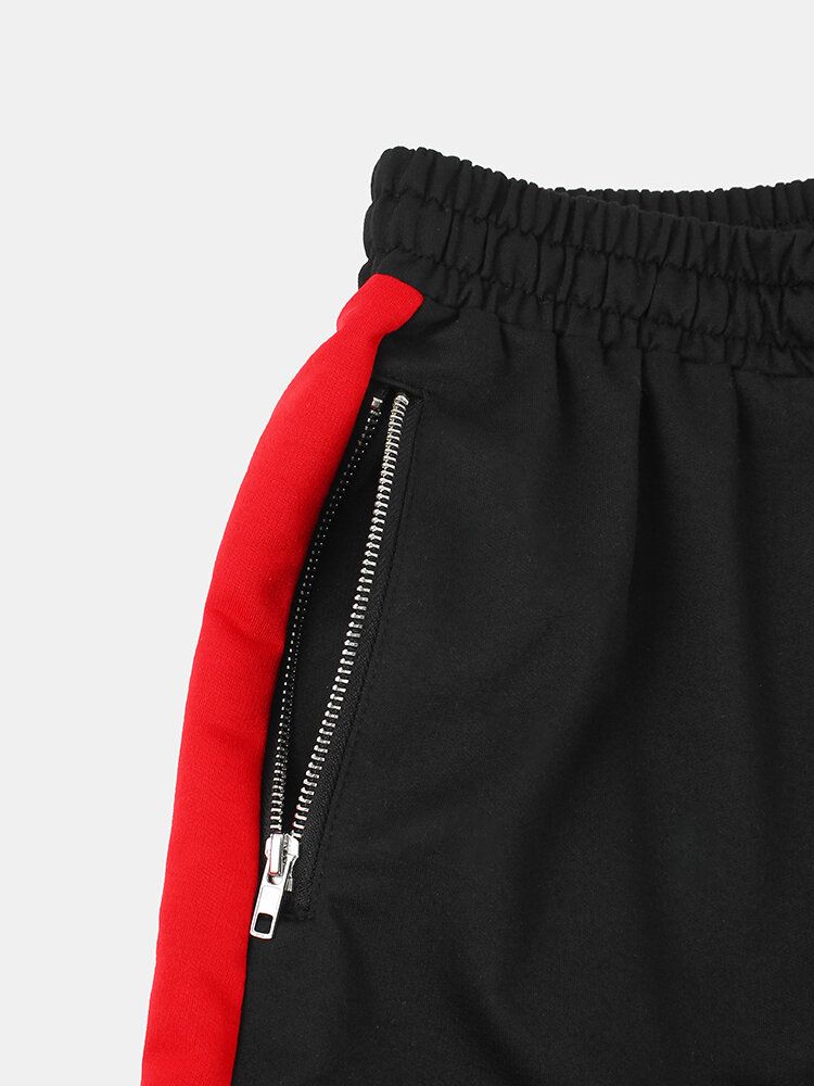 Sport Pantalones Cortos Deportivos De Algodón Negro Con Bolsillo Con Cremallera Y Raya Lateral Para Hombre