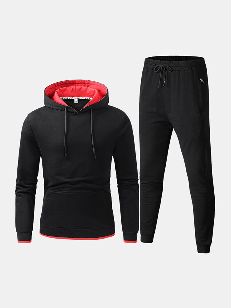 Sudadera Con Capucha De Color De Contraste De Algodón Deportivo Para Hombre Pantalones De Jogging De Bolsillo Con Cordón Conjunto De Dos Piezas De Fitness